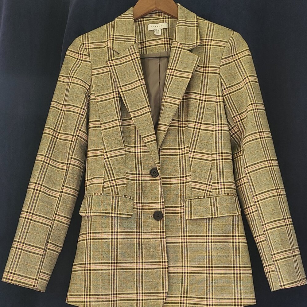 TOPSHOP Plaid Suit BLAZER in Brown, Pale Pink and Tan Size 2/4 (Runs Big).